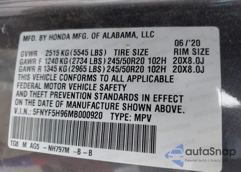 2021 Honda Pilot 2Wd Touring 8 Passenger из США, поврежденный, VIN 5FNYF5H96MB000920